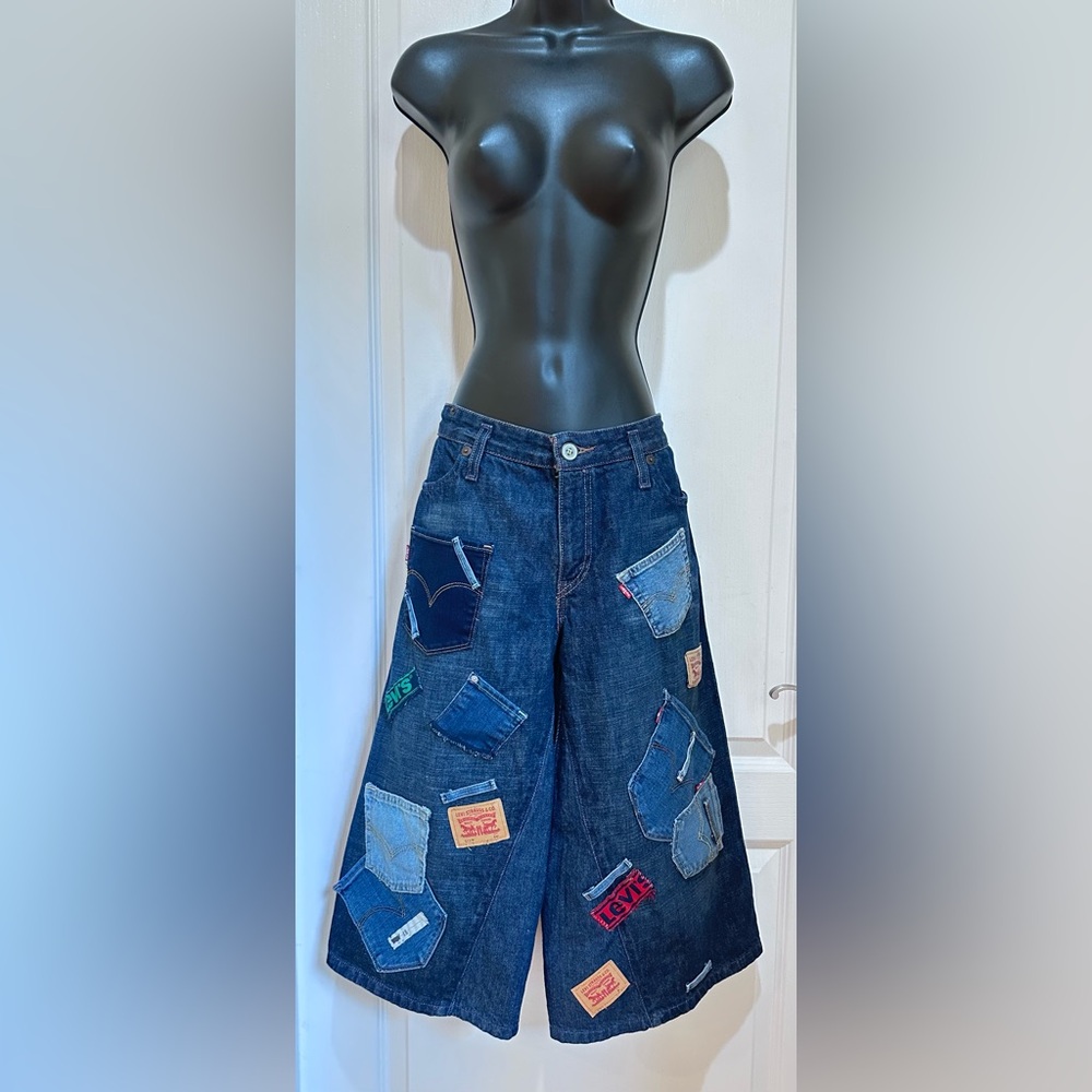 LEVIS Upcycled Wide-Leg Patchwork Cropped culotte Jeans size 10- Dark Blue - Picture 6 of 8